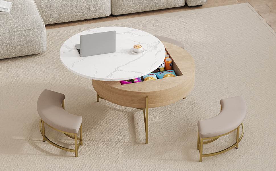 Modern Round Lift-Top Coffee Table With Storage And Ottomans - Sleep Galleria