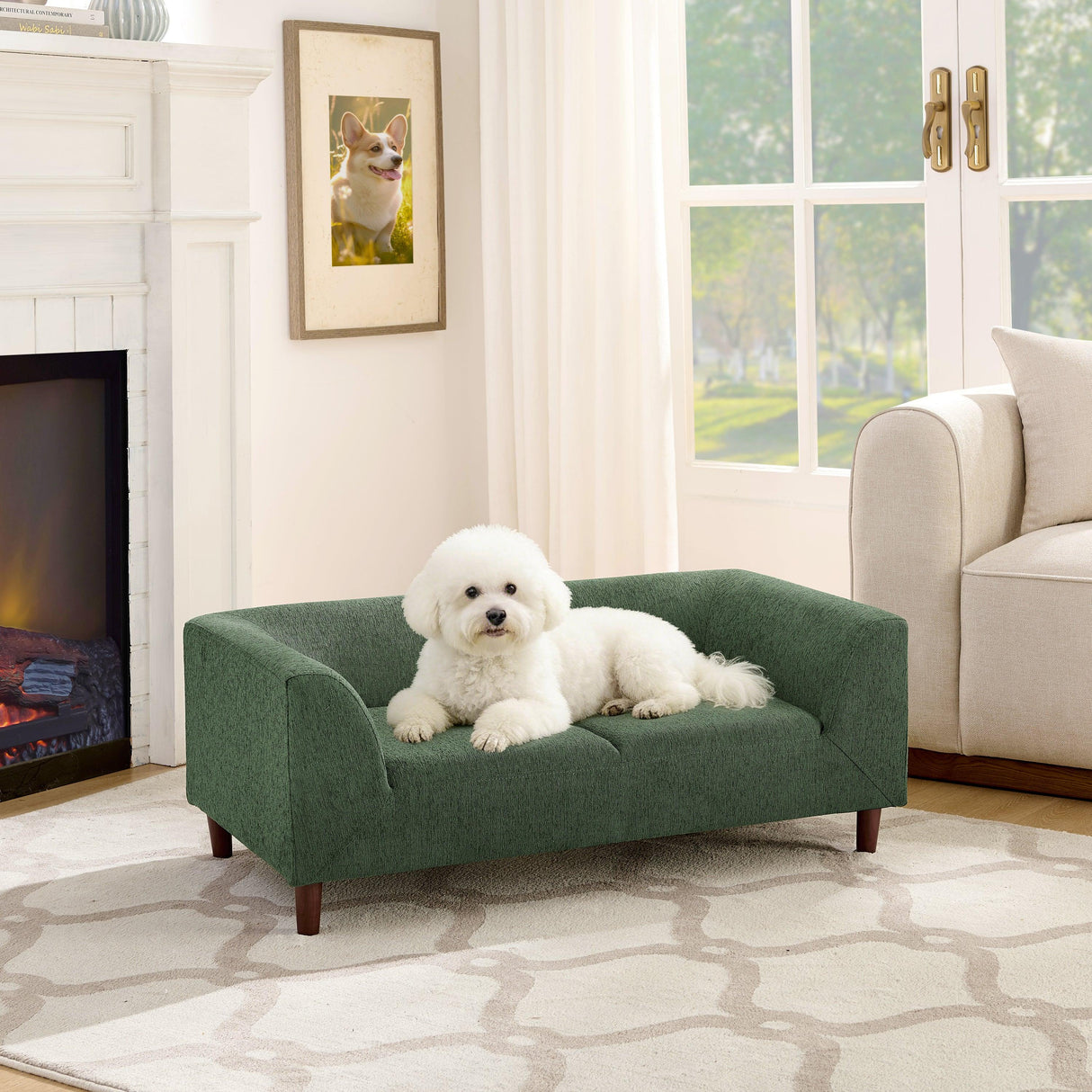 Modern Olive Green Foam Pet Sofa With Armrests And Backrest - Omega Lifestyles