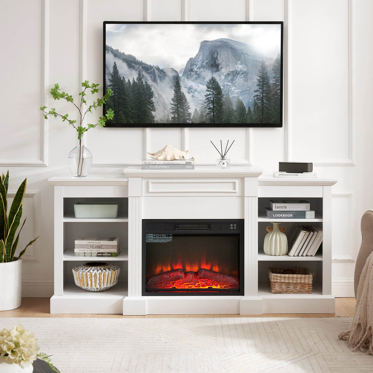White Media Console Table With Fireplace Insert - Sleep Galleria