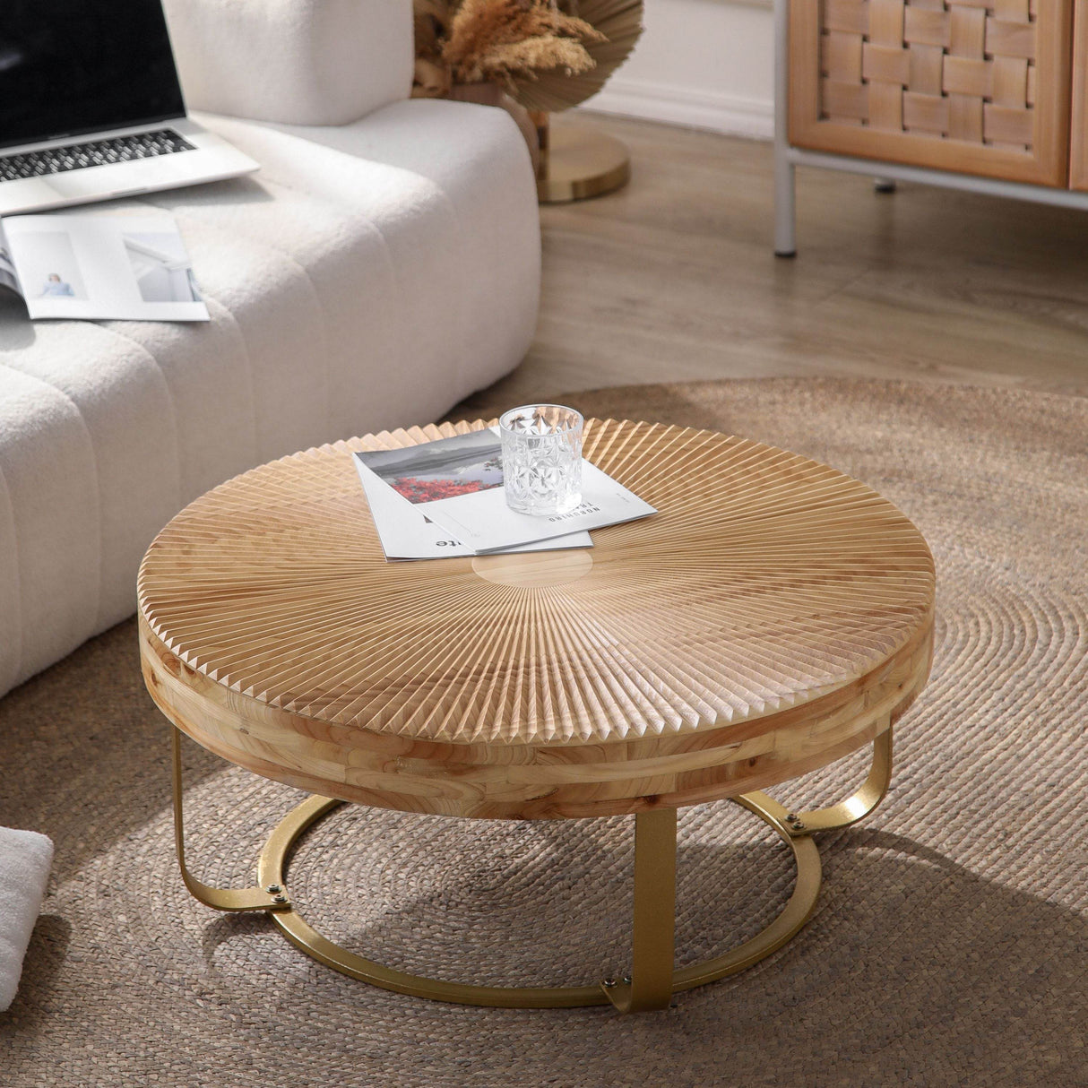 Modern Round Carved Pine Wood Coffee Table - Sleep Galleria
