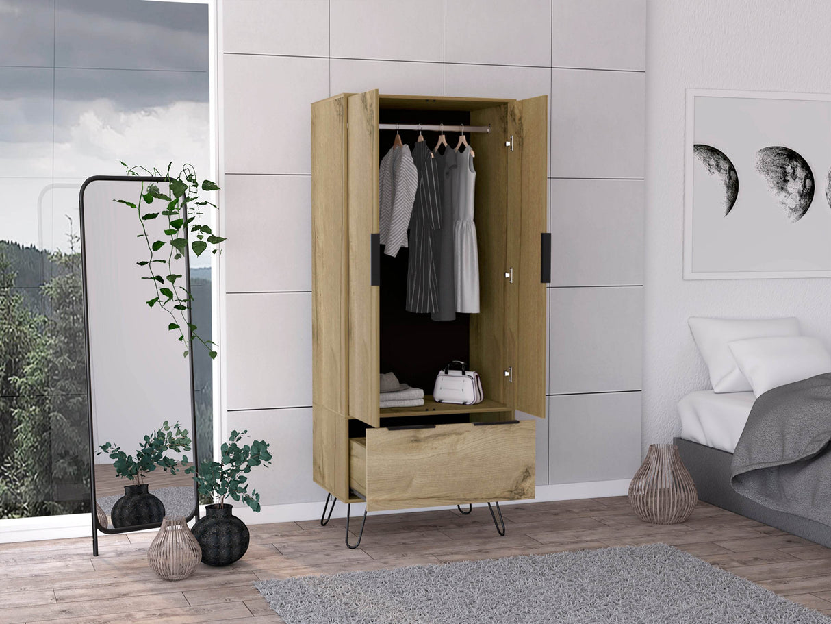 Light Oak Two-Door Wooden Wardrobe With Drawer - Omega Lifestyles