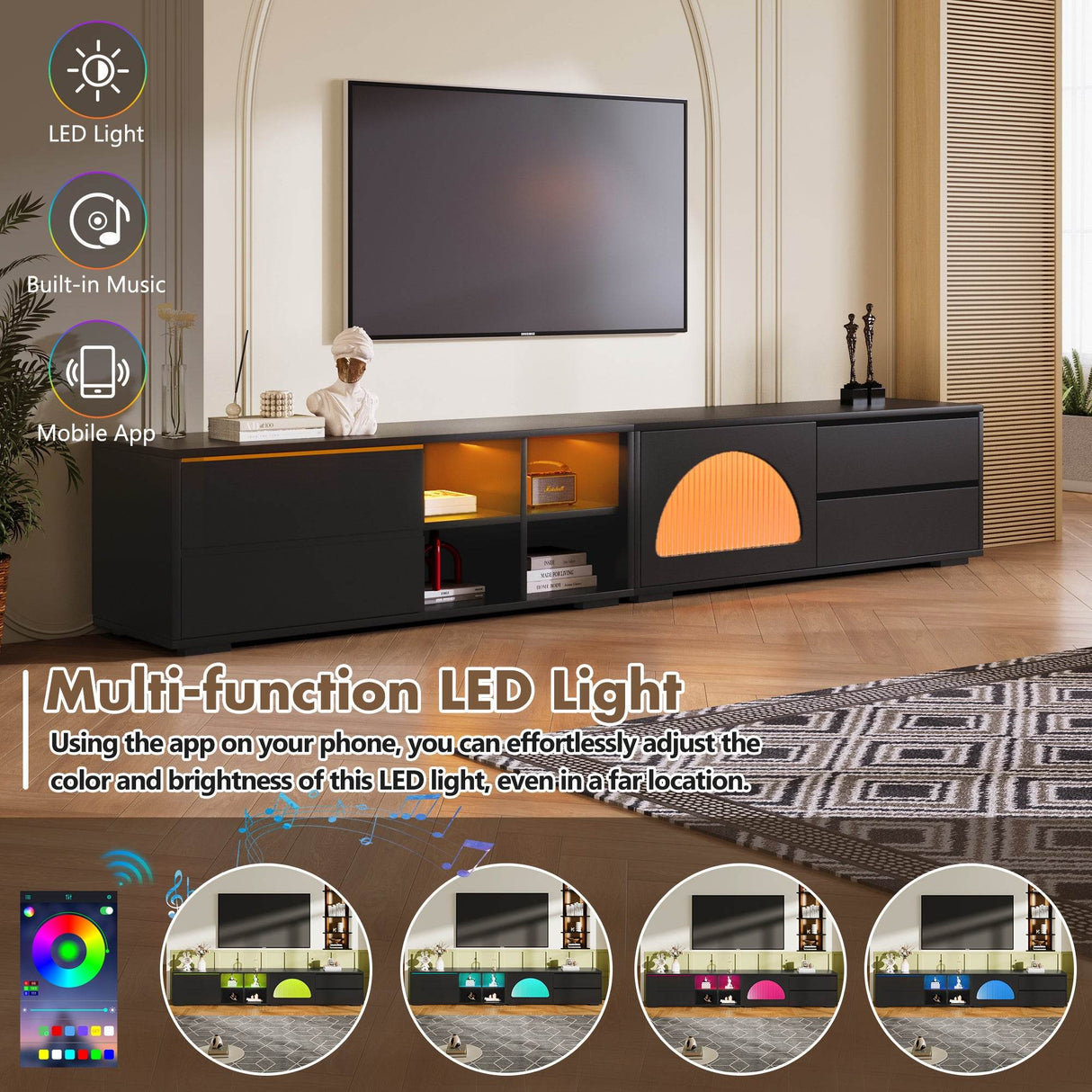 Modern Black TV Stand With LED Light And Storage - Sleep Galleria