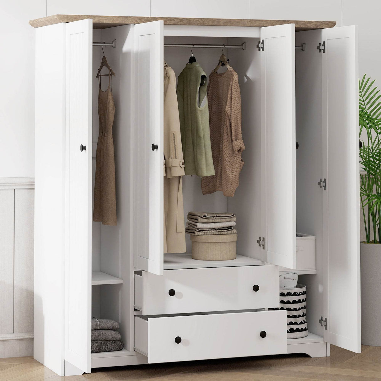 4 Door White Solid Wood MDF Wardrobe Armoire - Omega Lifestyles