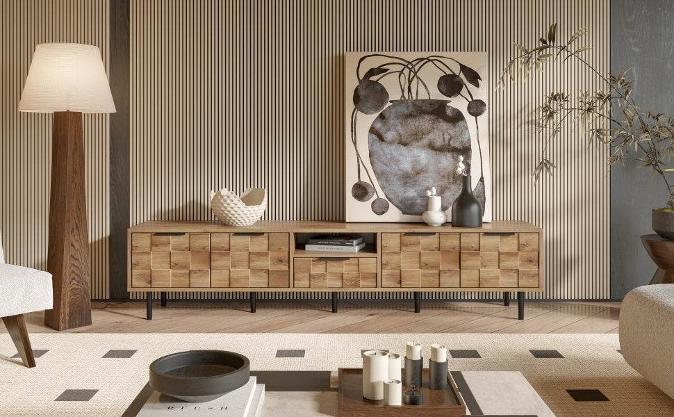 Natural Wood Checkered Pattern TV Stand With Storage - Sleep Galleria