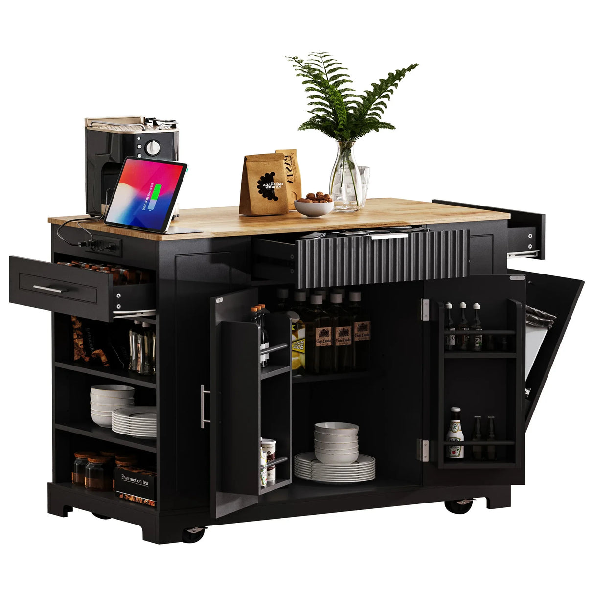 Fluted Rubber Wood Kitchen Island With Trash Can Cabinet - Omega Lifestyles