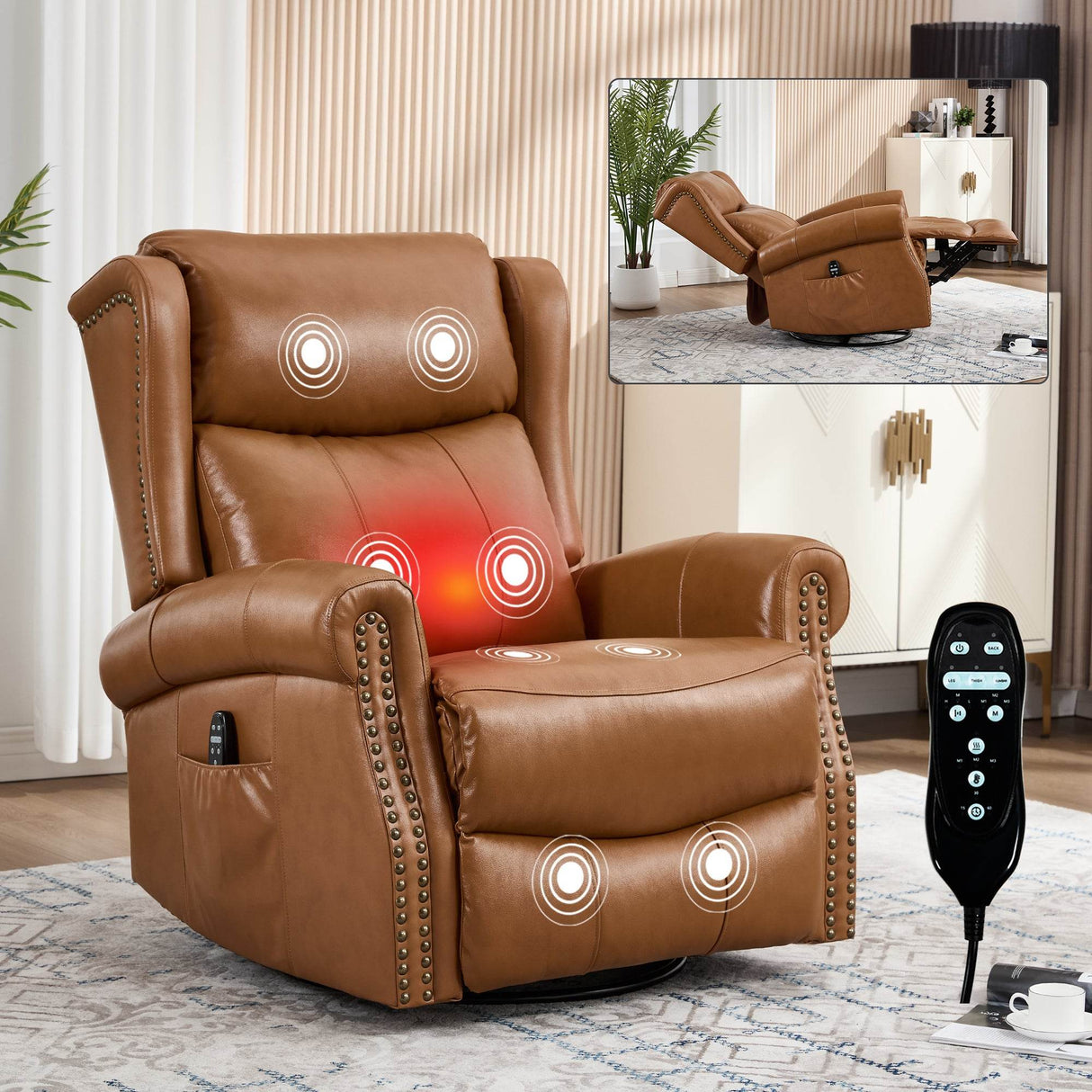 Medium-Firm Genuine Leather Swivel Rocking Massage Recliner Chair