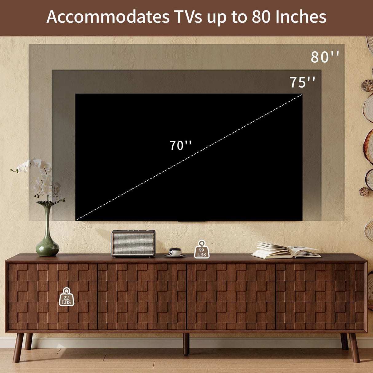 70-Inch Modern Walnut TV Stand With Soft-Closing Hinges - Omega Lifestyles