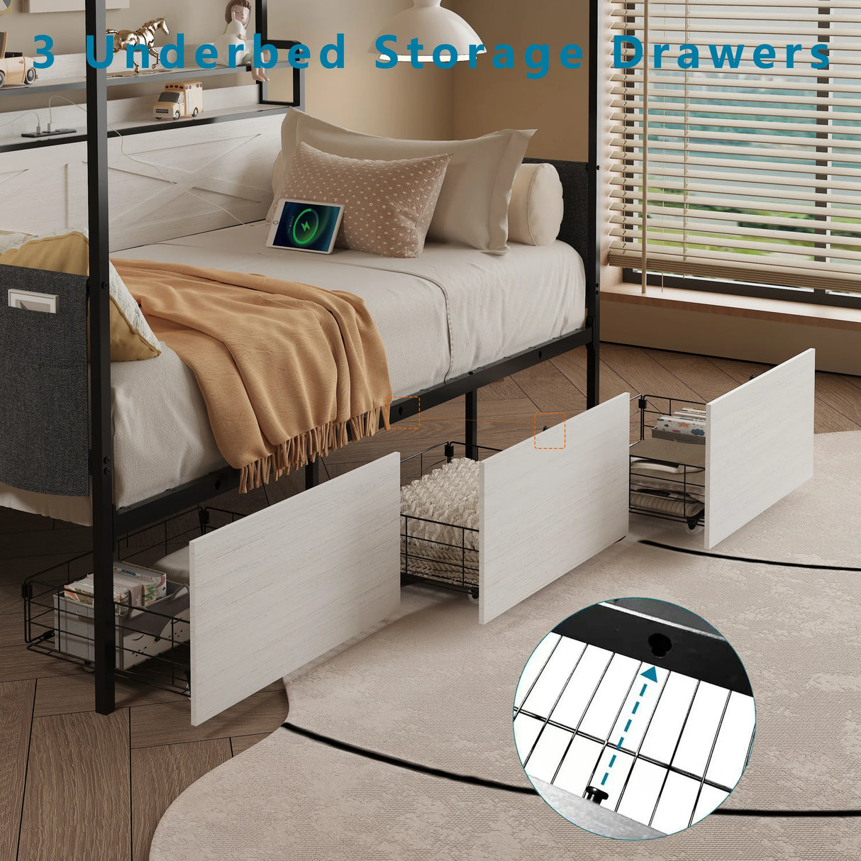 Twin Daybed Frame With 3 Storage Drawers LED Charging Station - Omega Lifestyles