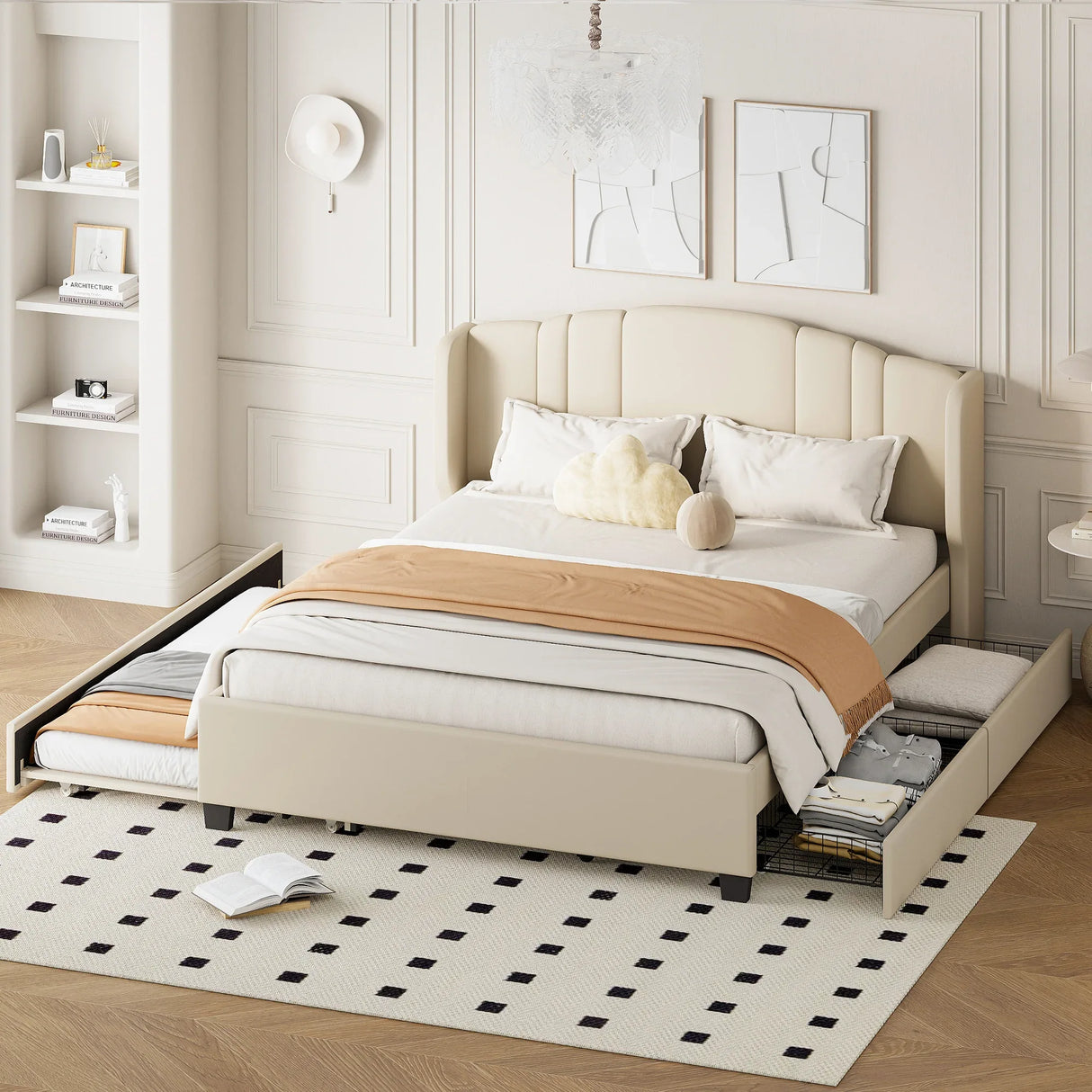 Queen Upholstered Platform Bed With Wingback Headboard Trundle - Omega Lifestyles