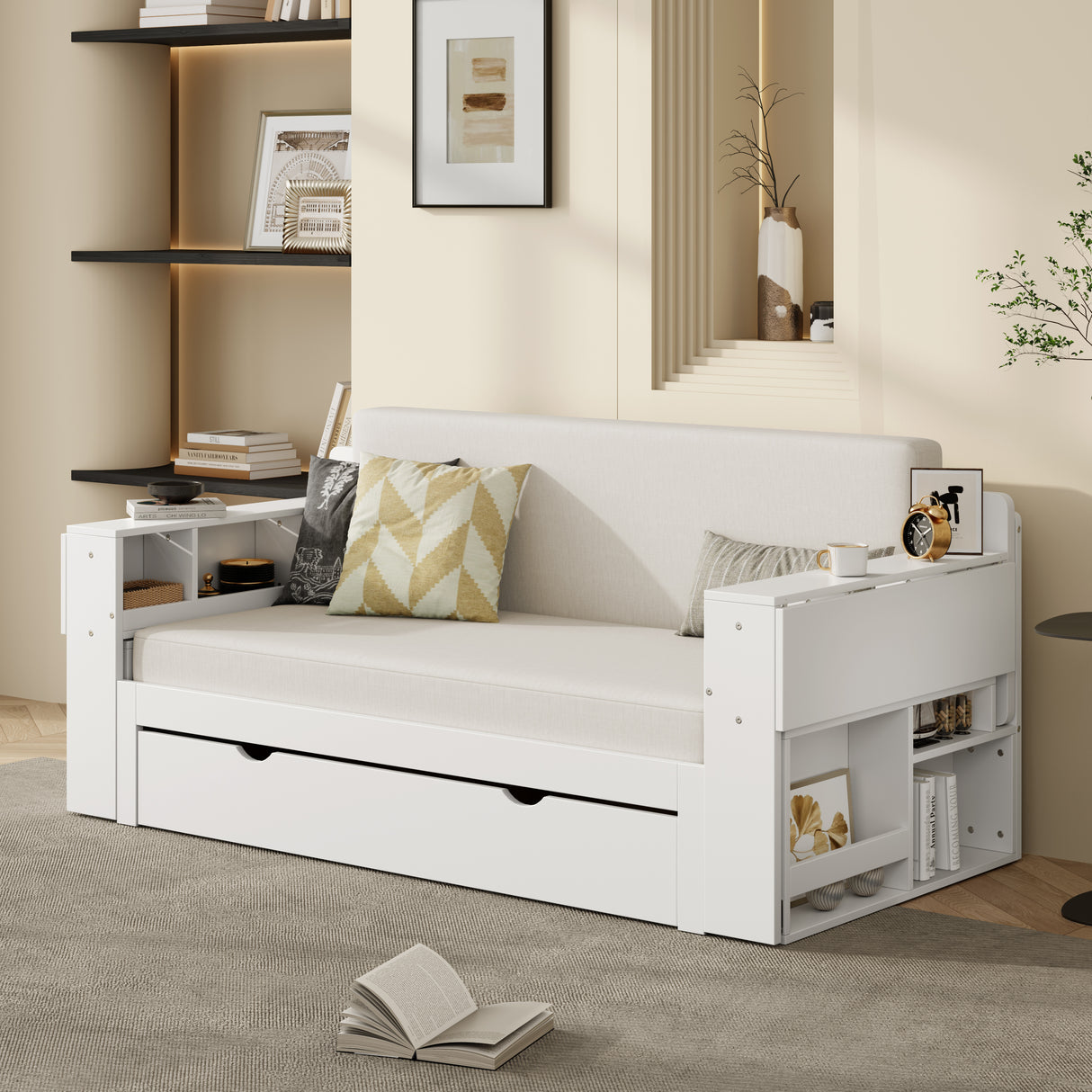 Full Size Multifunctional Wood Daybed With Desk Storage