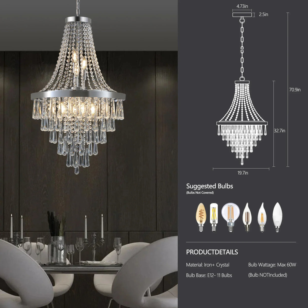 20-Foot Chrome Crystal Chandelier Adjustable Height Lighting Fixture - Omega Lifestyles