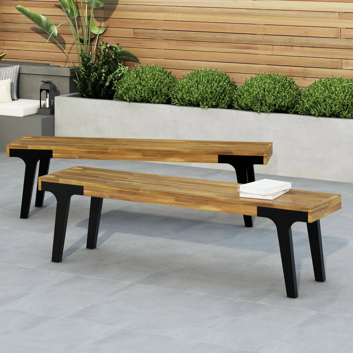 Modern Acacia Wood Dining Bench Set of 2 - Omega Lifestyles