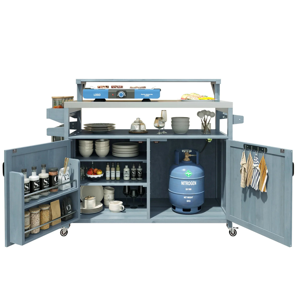 Outdoor Rolling Grill Cart With Raised Shelf Storage - Omega Lifestyles