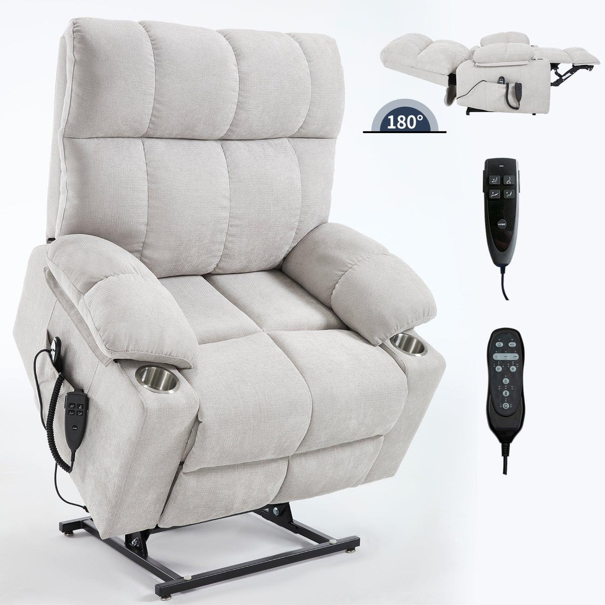 Beige Chenille Power Lift Recliner Chair With Massage Heating - Omega Lifestyles