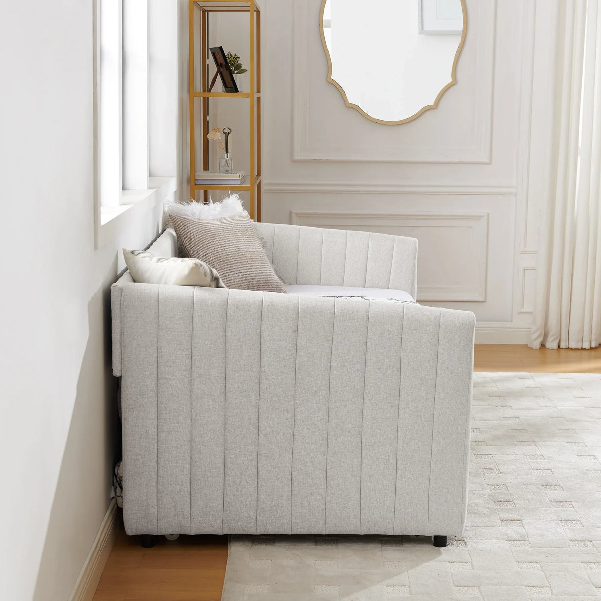 Twin Upholstered Linen Daybed With Functional Trundle - Omega Lifestyles