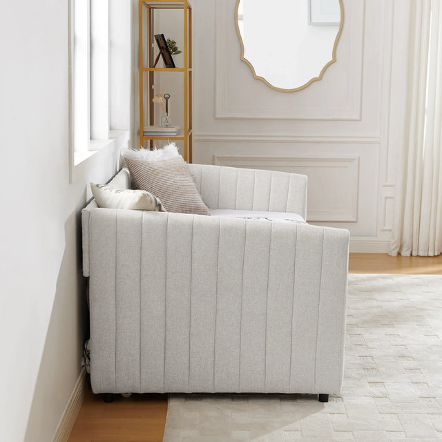 Twin Upholstered Linen Daybed With Functional Trundle - Omega Lifestyles