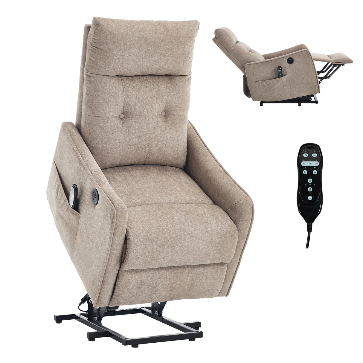 Khaki Chenille Medium-Firm Power Lift Massage Recliner Chair - Omega Lifestyles
