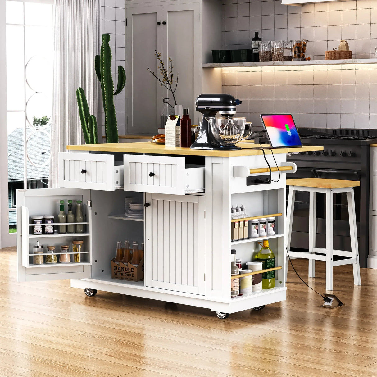 Rolling Kitchen Island Cart With Drop Leaf And Power Outlet - Omega Lifestyles