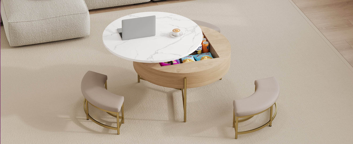 Modern Round Lift-Top Coffee Table With Storage And Ottomans - Sleep Galleria
