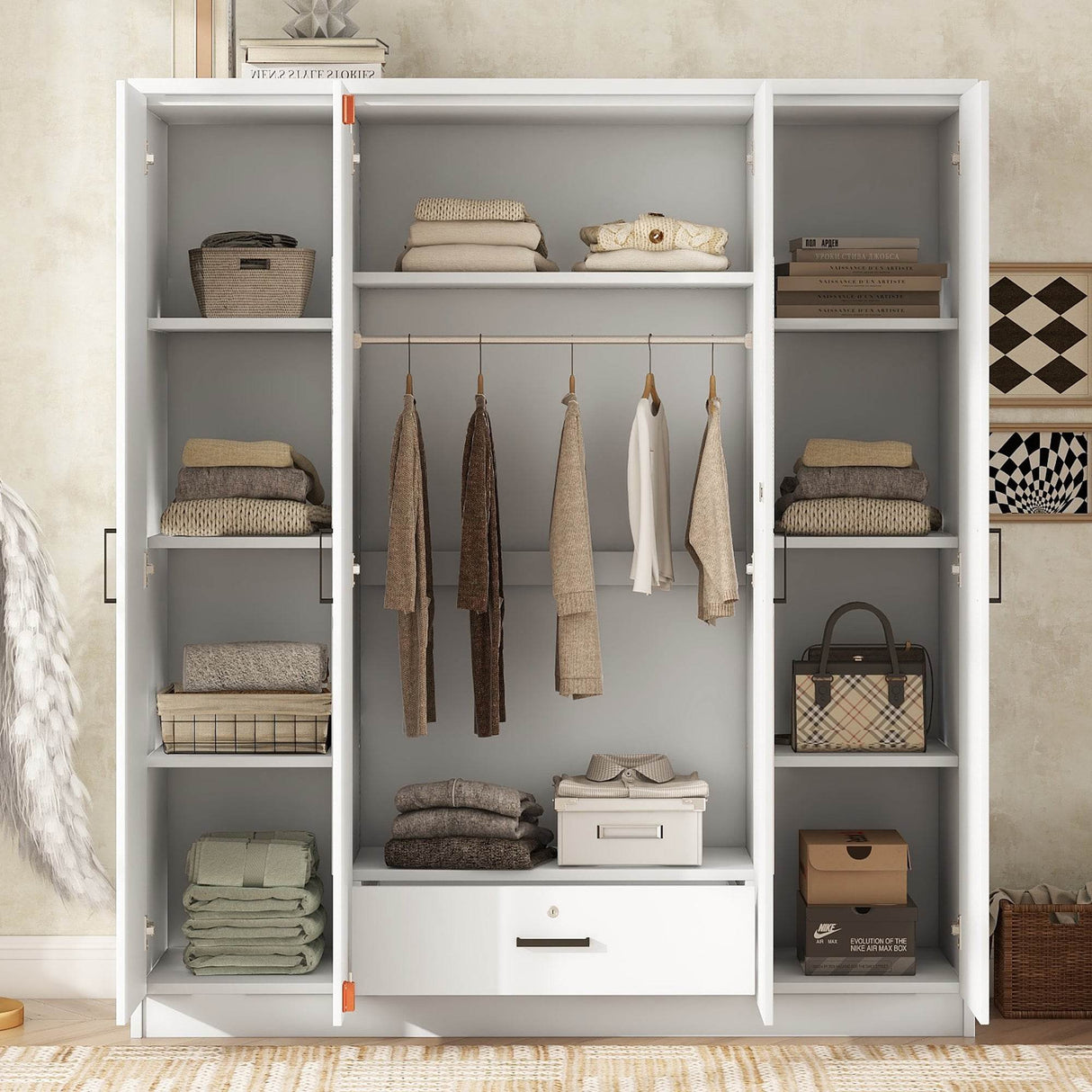 White Four-Door Wardrobe With Mirrors And Storage