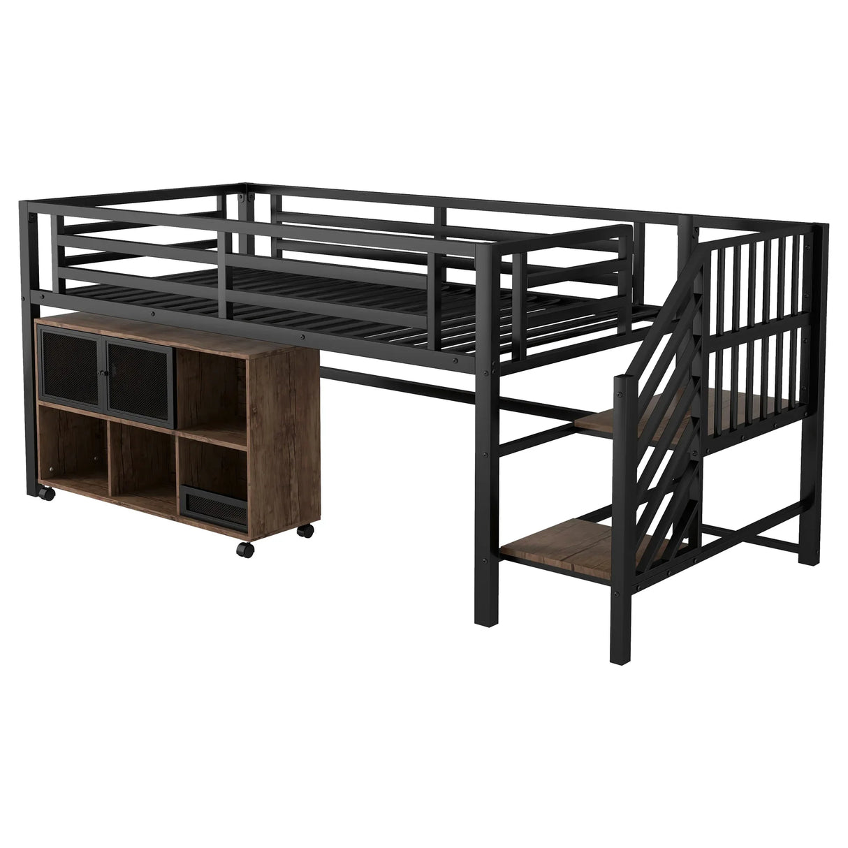 Twin Metal Low Loft Bed With Storage Cubby And Stairs - Omega Lifestyles