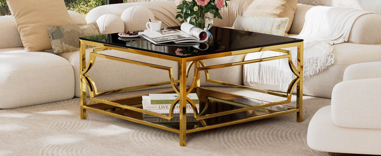 Modern Square Glass Coffee Table With Gold Metal Frame - Sleep Galleria