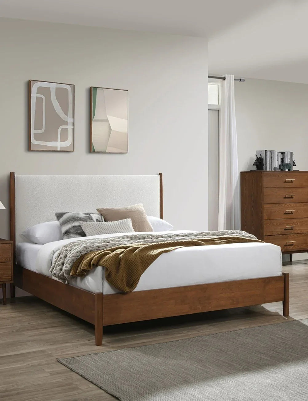 Queen Mid-Century Modern Walnut Beige Wood Bed Frame - Omega Lifestyles