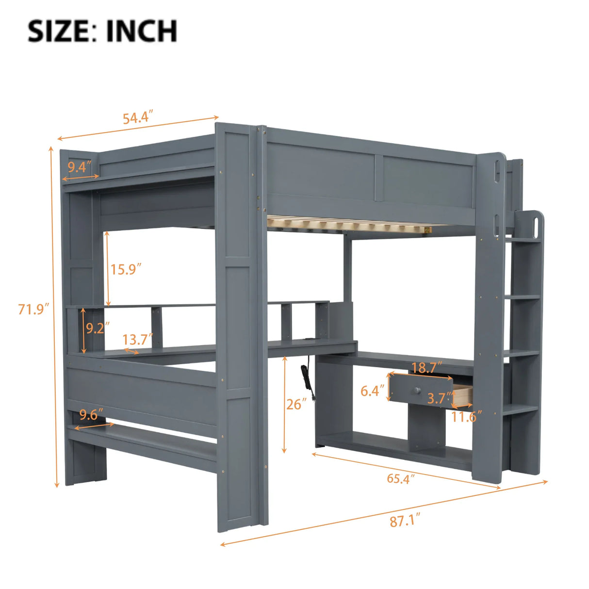 Full Wood Gaming Loft Bed Frame With Desk LED Charging Station - Omega Lifestyles