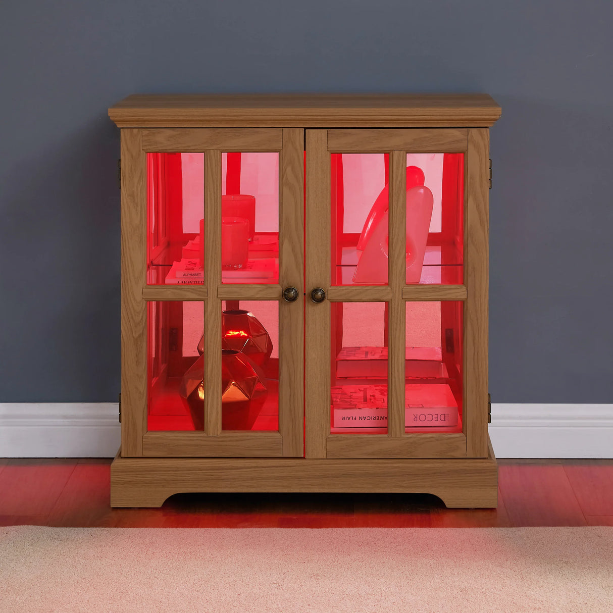 Antique Oak LED Glass Display Cabinet With Adjustable Shelves - Omega Lifestyles