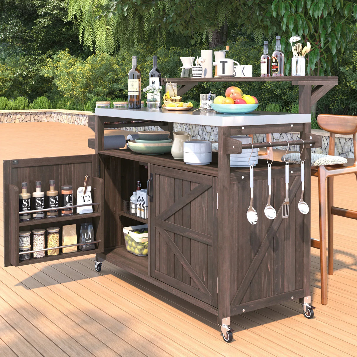 Outdoor Kitchen Island Solid Fir Wood Raised Shelf Cart - Omega Lifestyles