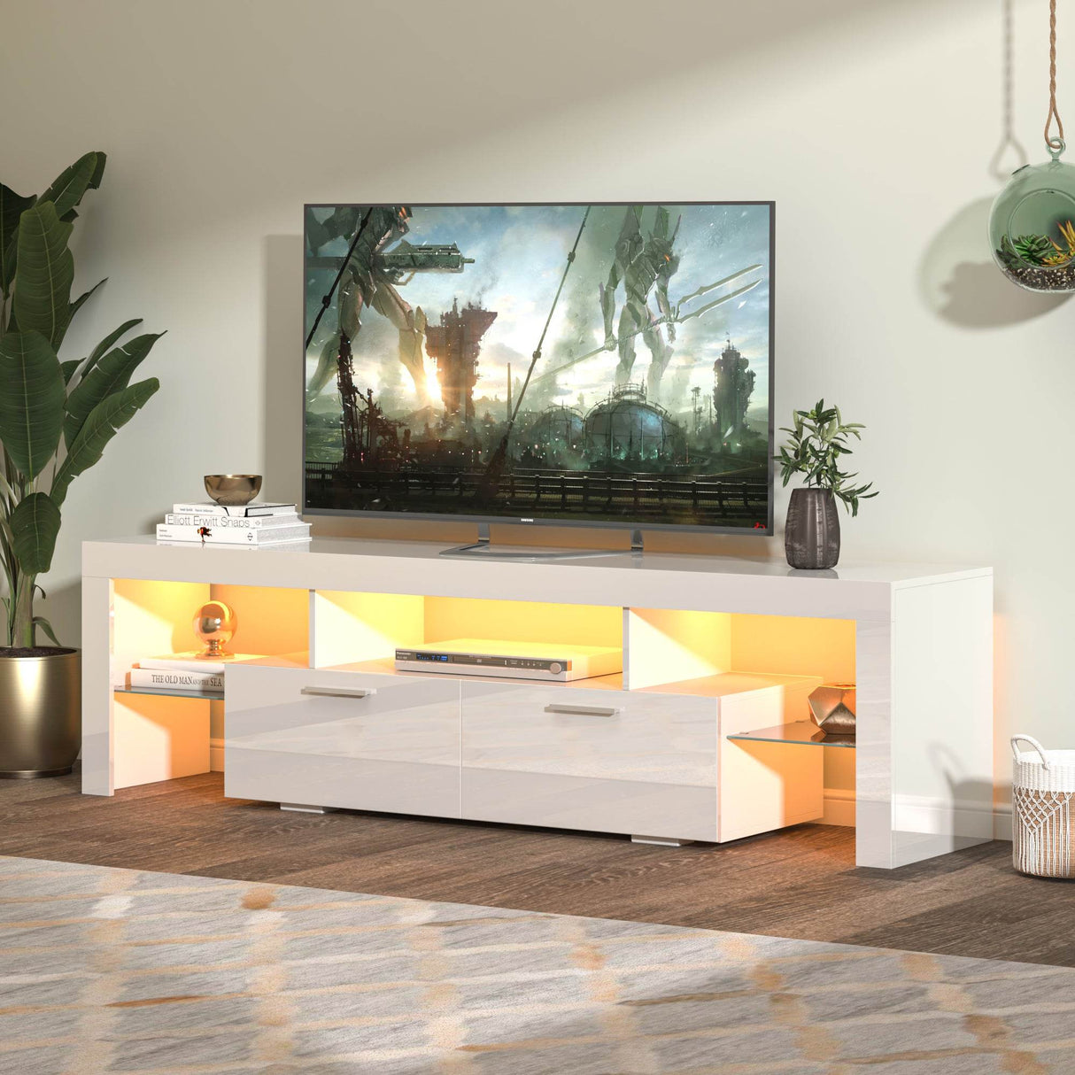 White Particle Board TV Stand With LED Lighting - Sleep Galleria