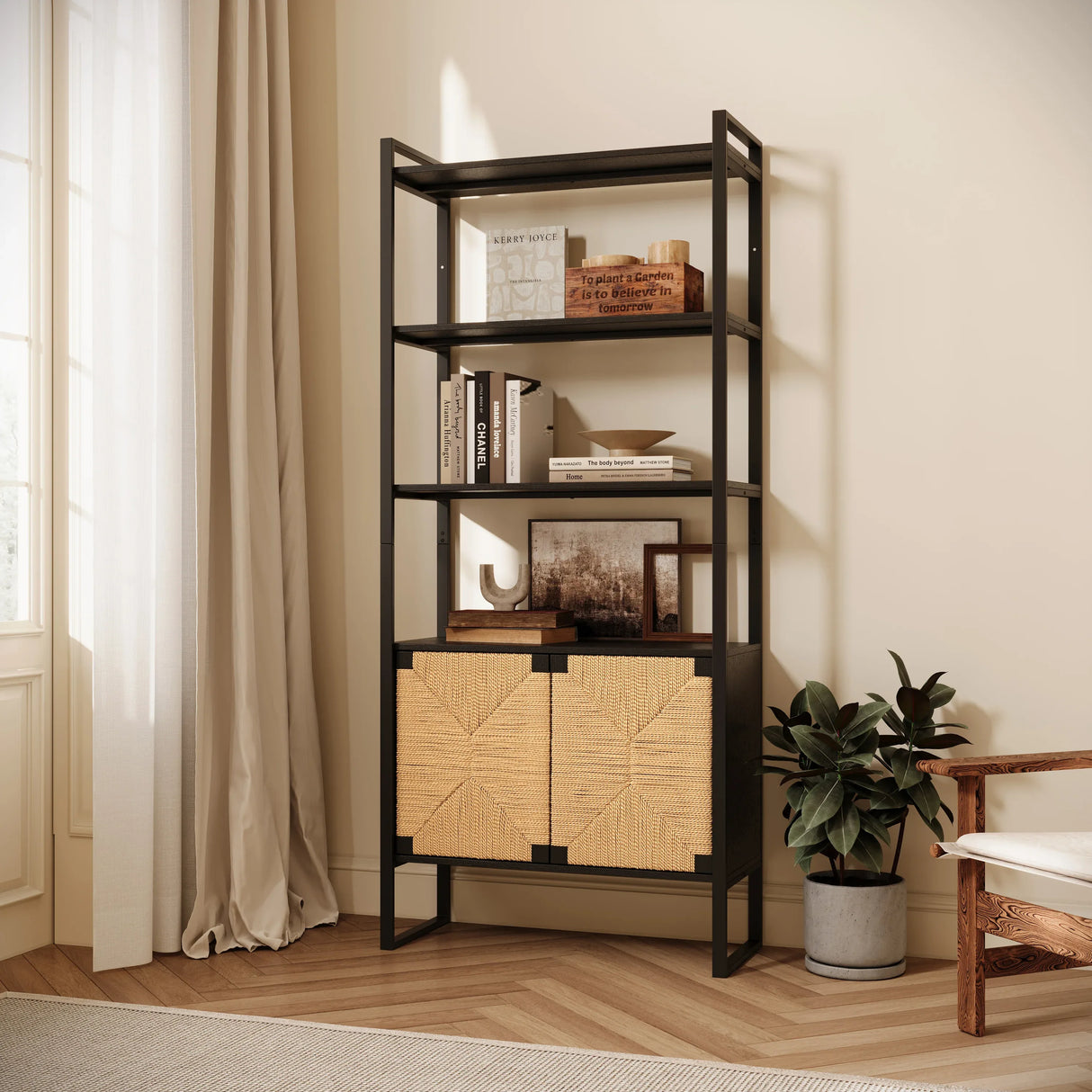 Natural Rattan Storage Cabinet Bookshelf With Doors - Omega Lifestyles
