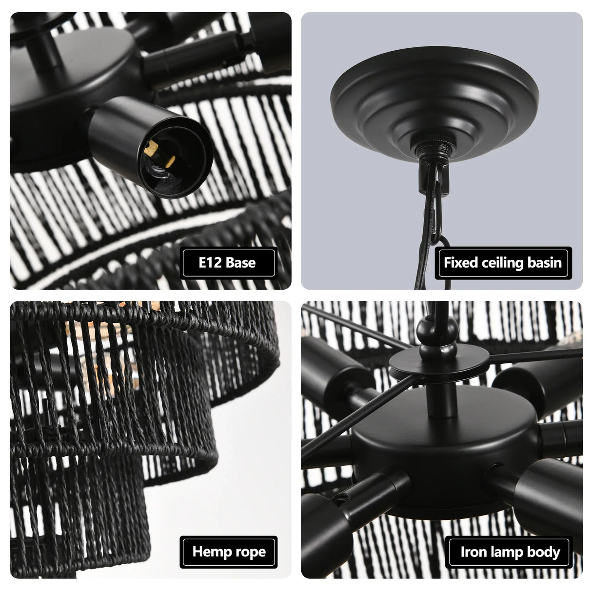 Rustic 5-Tier Black Hemp Rope Pendant Light Chandelier - Omega Lifestyles