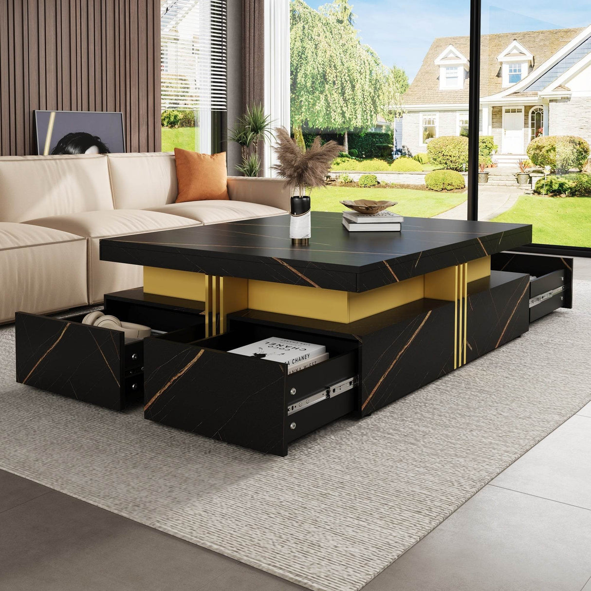Modern Black Gold Accented Square Coffee Table With Storage - Sleep Galleria