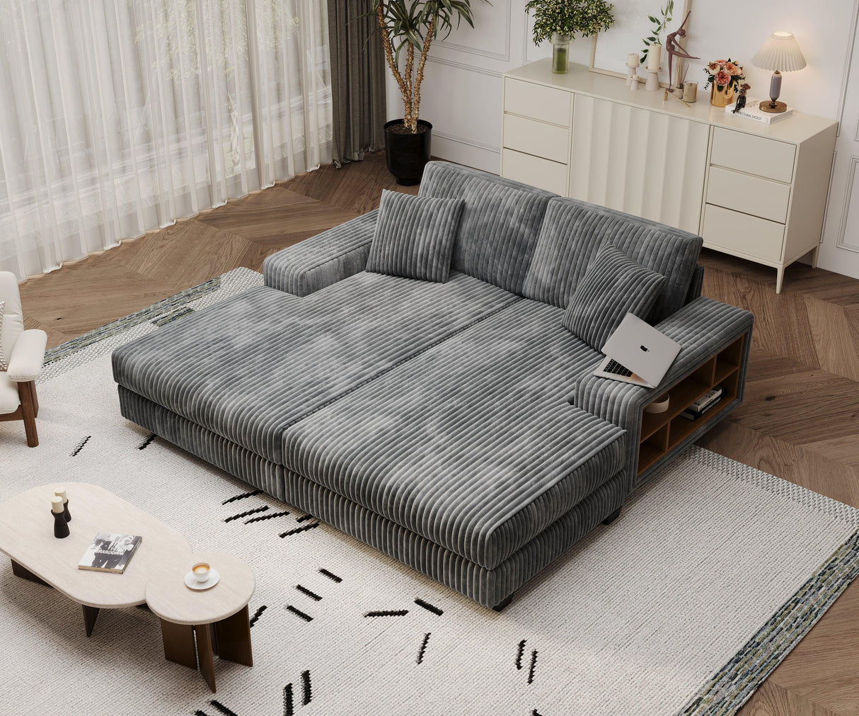 Convertible Corduroy Fabric Sleeper Sofa With Storage - Omega Lifestyles