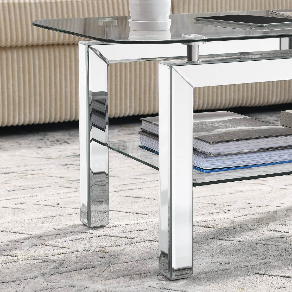 Rectangular Tempered Glass Coffee Table With Mirrored Legs - Sleep Galleria