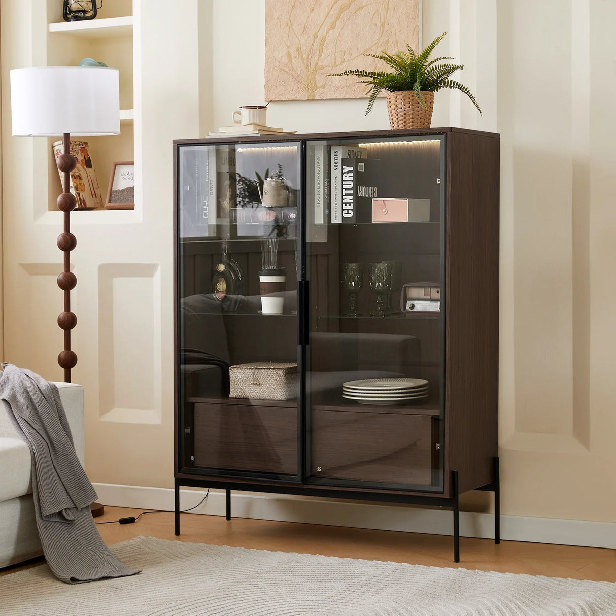 Modern Minimalist LED Curio Cabinet With Tempered Glass Doors - Omega Lifestyles