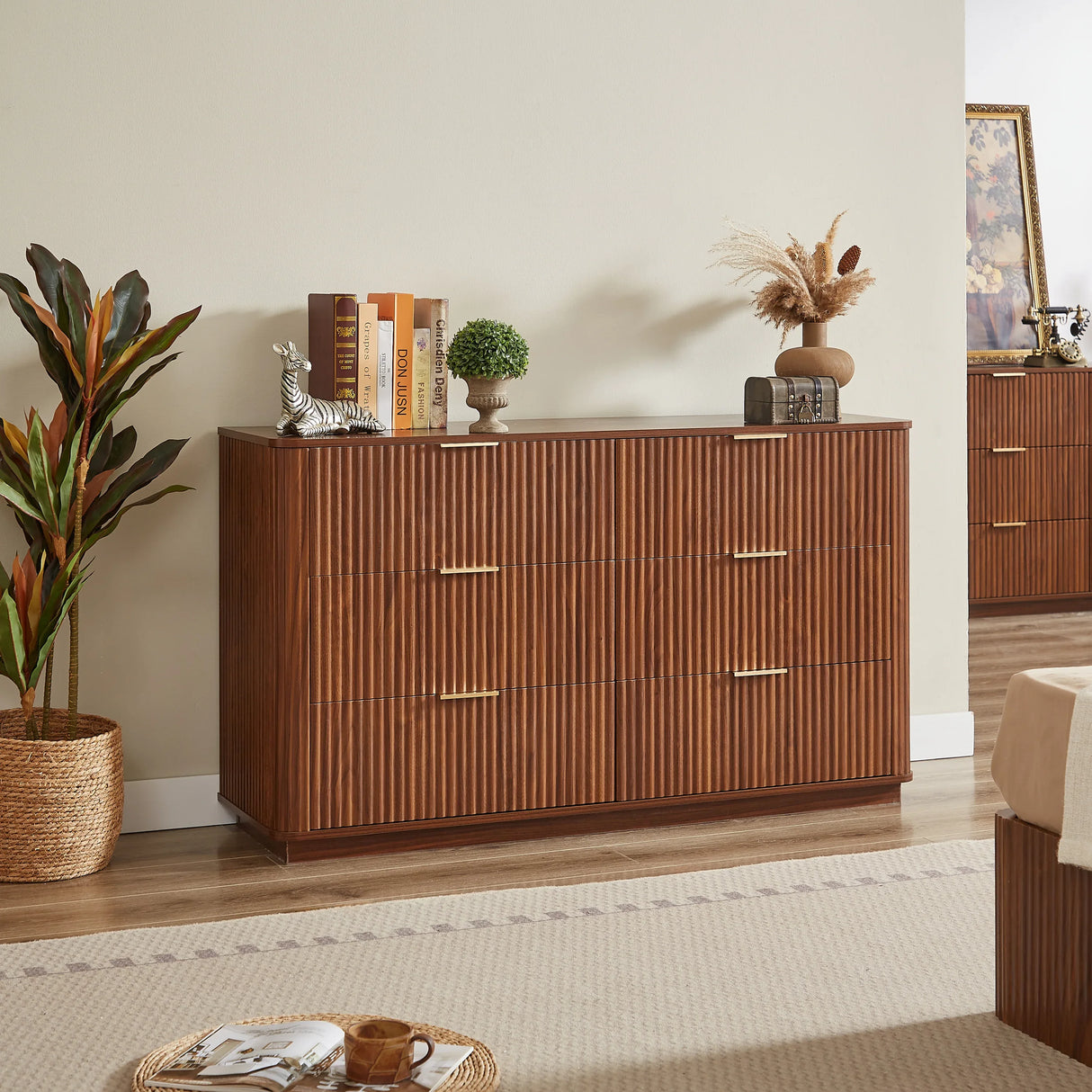 Modern Walnut 6-Drawer Dresser With Wave Design - Omega Lifestyles