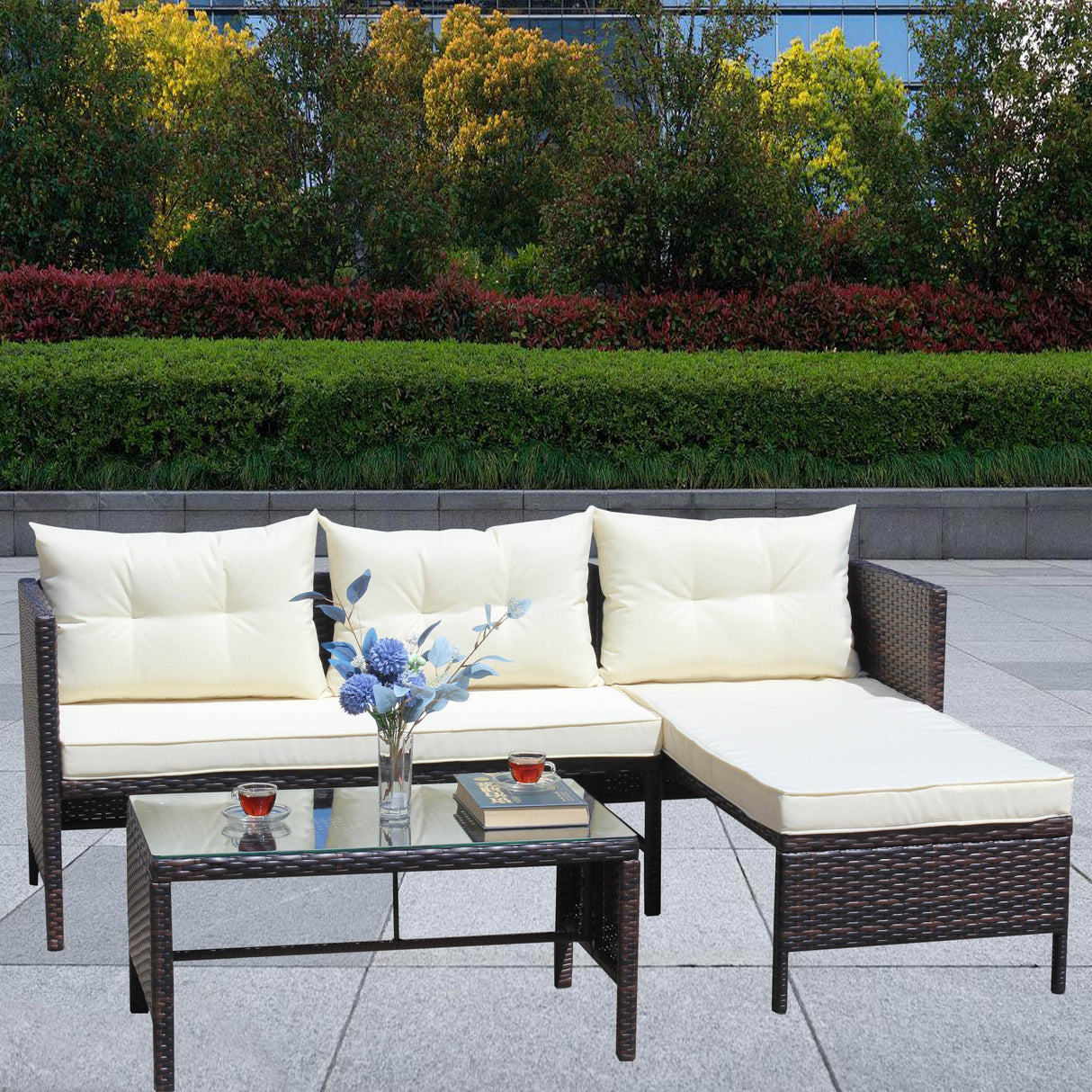 3-Piece Brown Wicker Patio Sectional Sofa Set