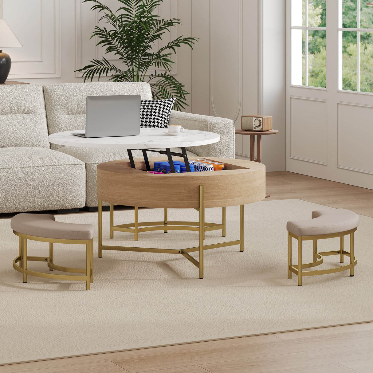 Modern Round Lift-Top Coffee Table With Storage And Ottomans - Sleep Galleria