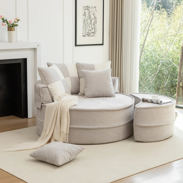 Modern Gray Chenille Barrel Accent Chair With Ottoman - Omega Lifestyles