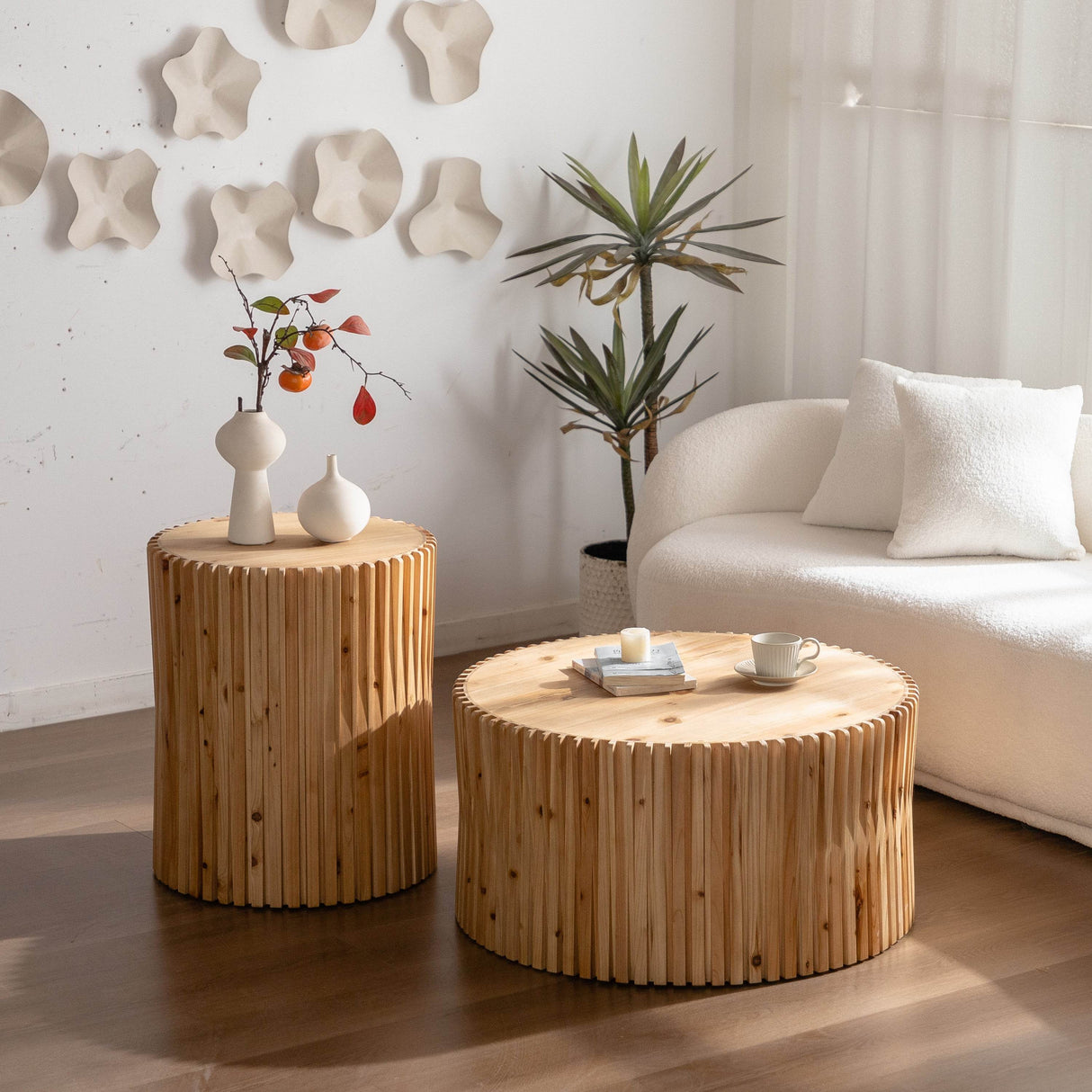 2-Piece Retro Natural MDF Fir Round Coffee Table Set - Sleep Galleria