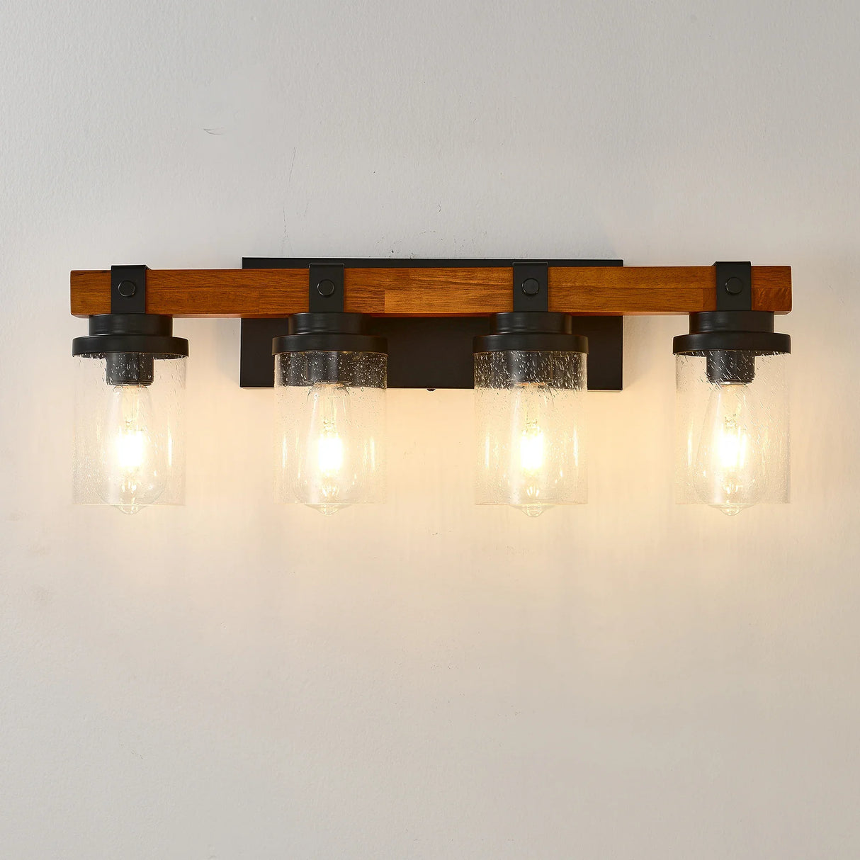 Matte Black Wooden Glass Shade 4-Light Ceiling Lamp - Omega Lifestyles