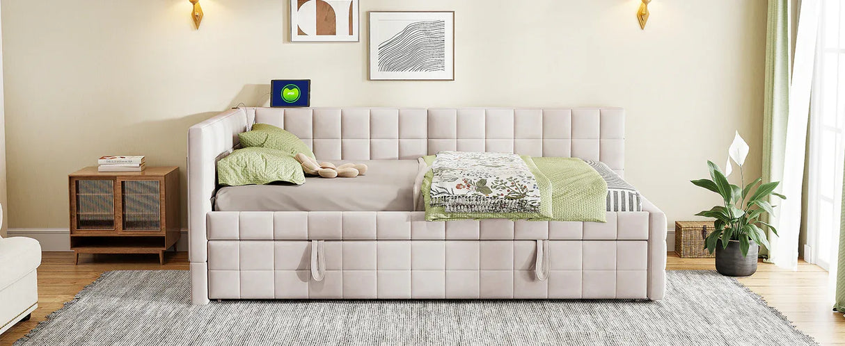 Full Upholstered L-Shaped Daybed With Twin Trundle and USB Ports - Omega Lifestyles