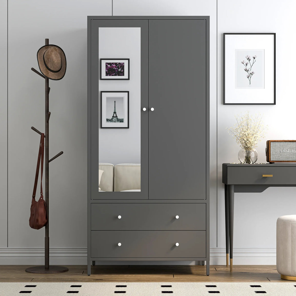 Retro Steel Armoire Wardrobe Closet With Mirror And Drawers - Omega Lifestyles