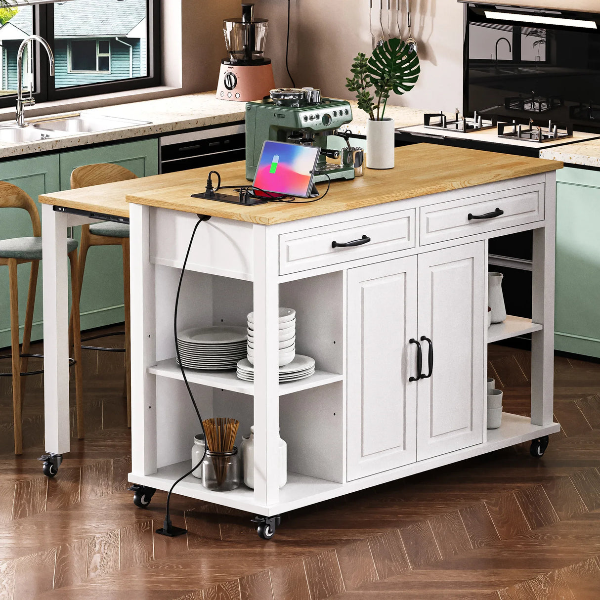 47-Inch Extendable Rubber Wood Veneer Kitchen Island - Omega Lifestyles