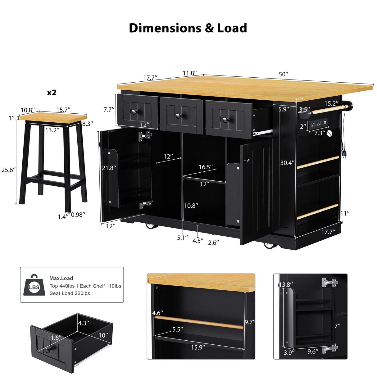 Large Kitchen Island Storage Cart With Bar Stools and Power Outlet - Omega Lifestyles