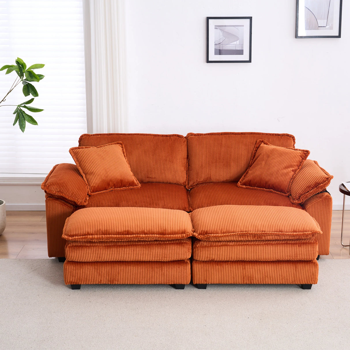 Corduroy 2-Seat Sofa With Pillows And Ottomans - Omega Lifestyles