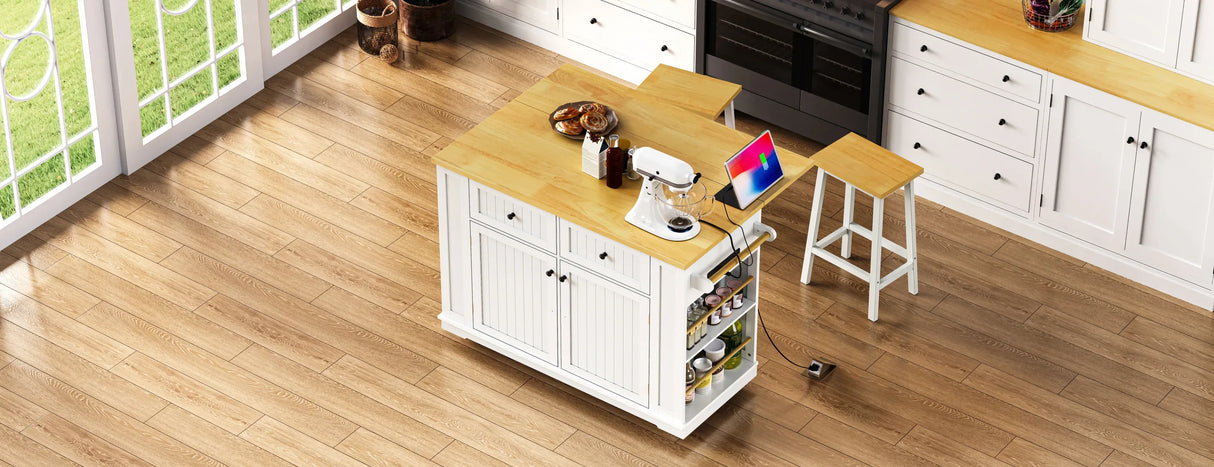 Rolling Kitchen Island Cart With Drop Leaf And Power Outlet - Omega Lifestyles