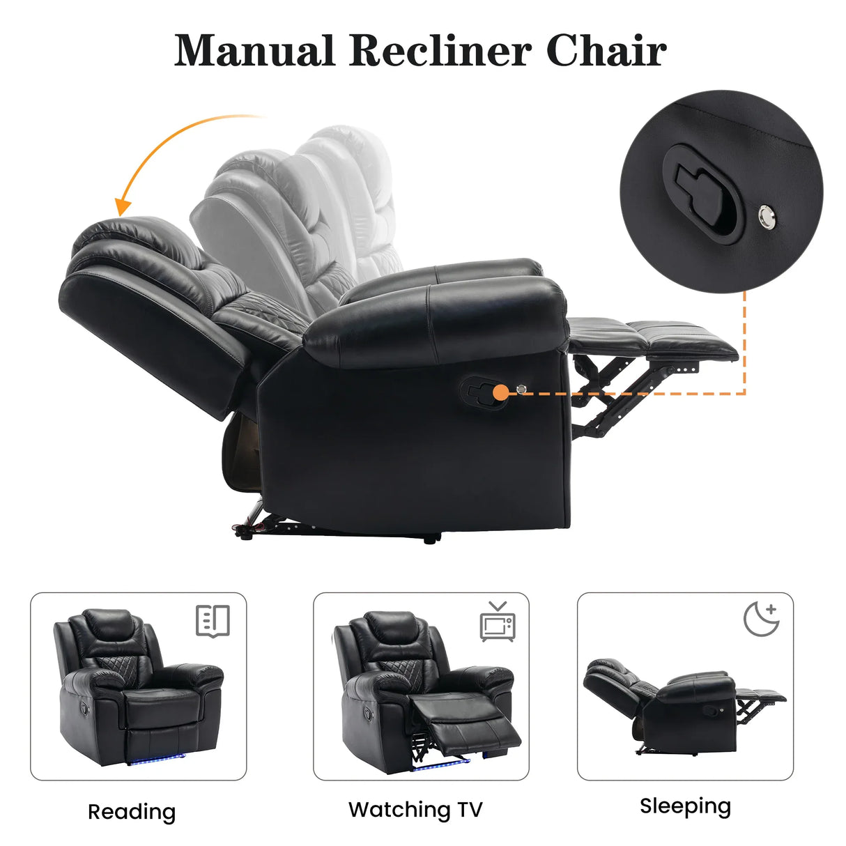 Manual Recliner Chair Faux Leather With Storage Cup Holders LED - Omega Lifestyles
